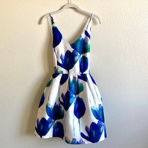 ANGL Mini Dress - White with Blue Flower Design